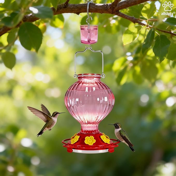 Glass Hummingbird Feeder for Outdoors Hanging, 38 oz Nectar Capacity, 6 Feeding Ports, Leak-Proof Rust-Free Plastic Base, Easy to Refill & Clean, Decorative Pink Glass Bird Feeder for Garden Patio