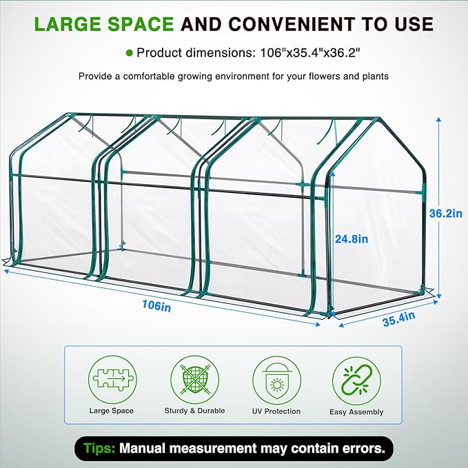 Yesker Mini Greenhouse 106"x36"x36" Portable Small Green House for Indoor Outdoor Greenhouses with PVC Cover Compact Greenhouse Kit for Winter Gardening Balcony Patio Outside Backyard Plant Protection