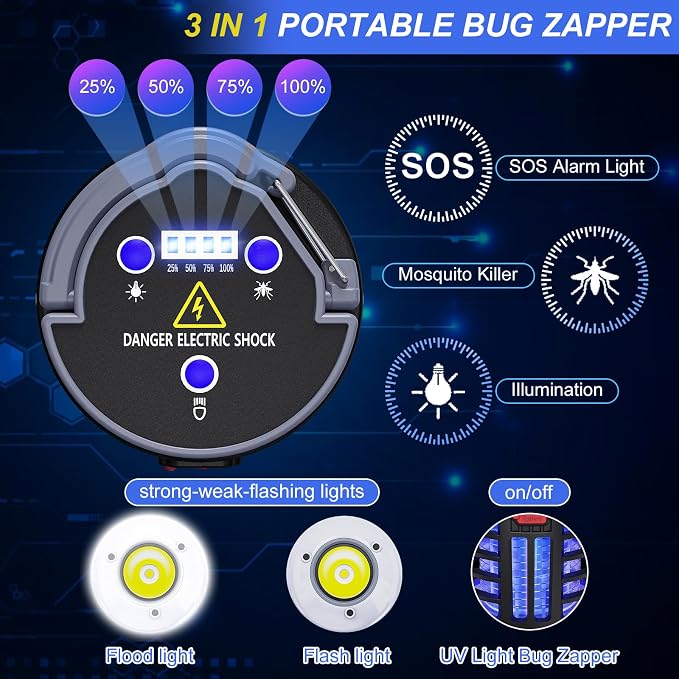 3 in 1 Indoor Bug Outdoor Mosquito Zappers, USB Rechargeable Mosquito Killer Portable Waterproof, LED Lantern Fly Zappers Camp Light Emergency Light for Home, Backyard, Camping Patio - 2 Pack