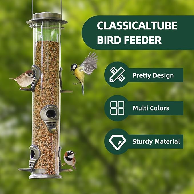 ERYTLLY Metal Bird Feeders 6 Port Tube Bird Feeder for Wild Birds, 1.4mm Extra Thick Solid Tube Transparent with Metal Lid for Outside