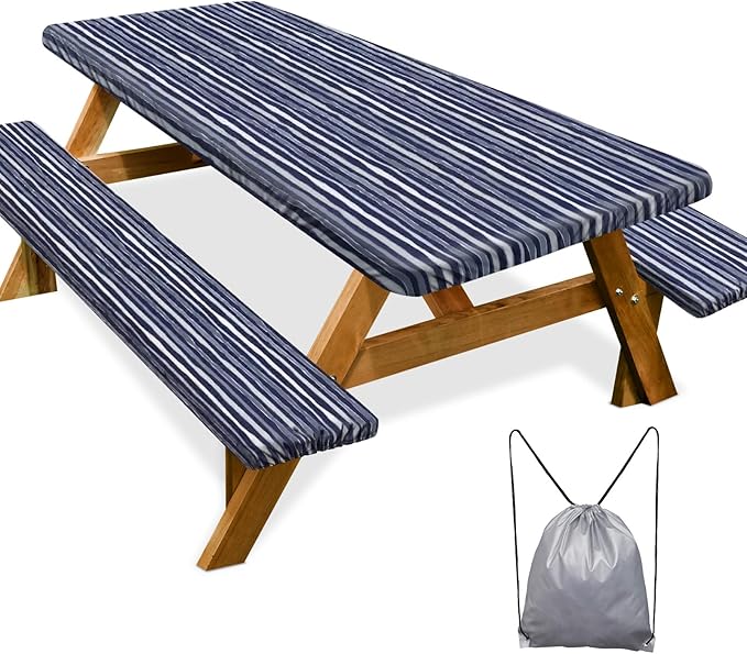 Picnic Table Cover with Bench Covers Camping Essentials Waterproof Windproof Camping Tablecloth with Drawstring Bag, Fitted Rectangle Tables and Seats, 72in, Navy Blue Stripes
