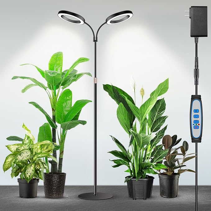 Garpsen Halo Grow Lights, Dual-Head Full Spectrum LED Plant Lights for Indoor Growing with Stand, 3 Color Modes Grow Lamp with Timer 6/12/16H, 5 Dimmable Levels, 168 LEDs and 67''Height Adjustable