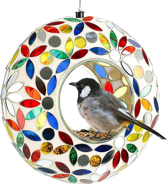 6 Inch Mosaic Glass Hanging Bird Feeder for Outdoors，Fly Through Bird Feeders for Wild Birds, Cute Seed Container with Round Shape for Backyard Window Garden Porch, Colorful Floral Mosaic