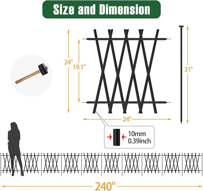 10 Panels Decorative Garden Fence 24in H x 20Ft L, Heavy Duty Rustproof Metal Animal Barrier No Dig Fencing Outdoor Dog Fence Flower Bed Border, Lawn Edging for Pet, Yard& Patio, Landscape