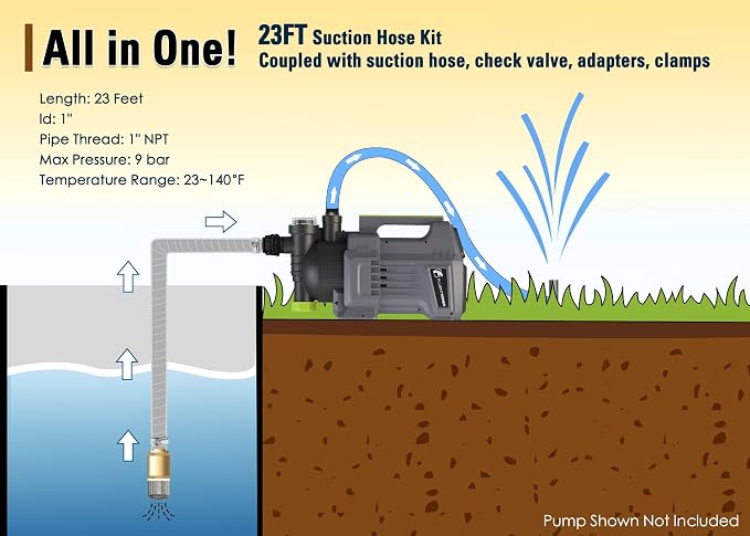 FLUENTPOWER 23FT x 1" Suction Hose Kit with Brass Fitting Check Valve and NPT 1" male Thread, Water Intake Hose Set, Aspiration Hose for Well Shallow Sprinkler Garden Booster Pump, Grayish-white