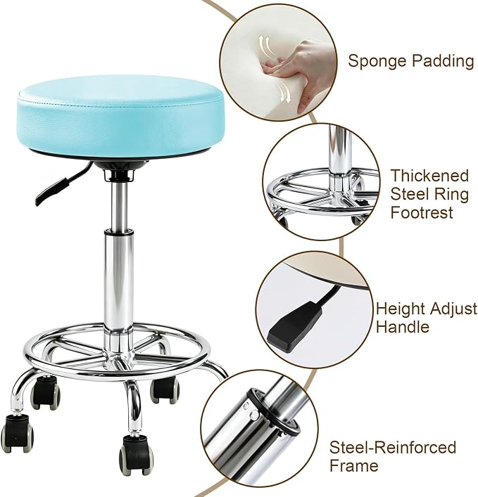 Adjustable Rolling Stool with Wheels Heavy Duty Round RollingStool with Footrest, Patent Leather Drafting Stool Chair with Wheels Work Spa Salon Seat,Blue