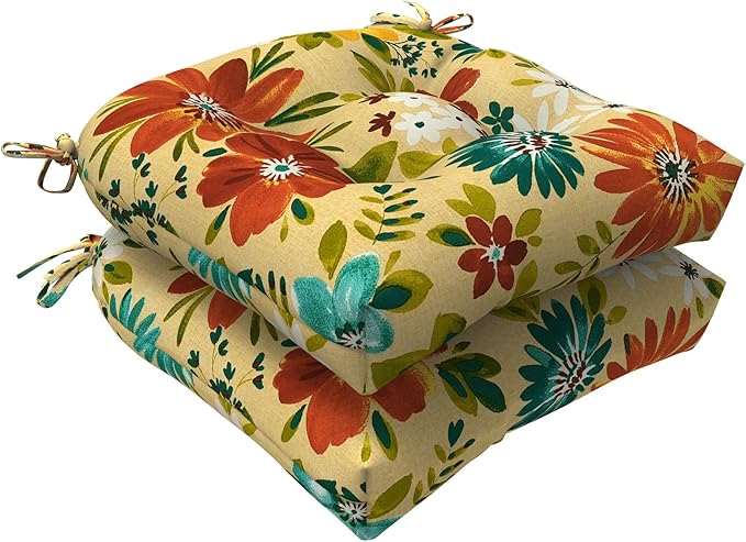 LVTXIII Outdoor/Indoor Tufted Seat Cushion, Decorative Wicker Chair Pads All Weather Seat Cushion Sets for Patio Garden Home Office Furniture, 19"x19"x4", Round Back, Pack of 2, Flower Multi