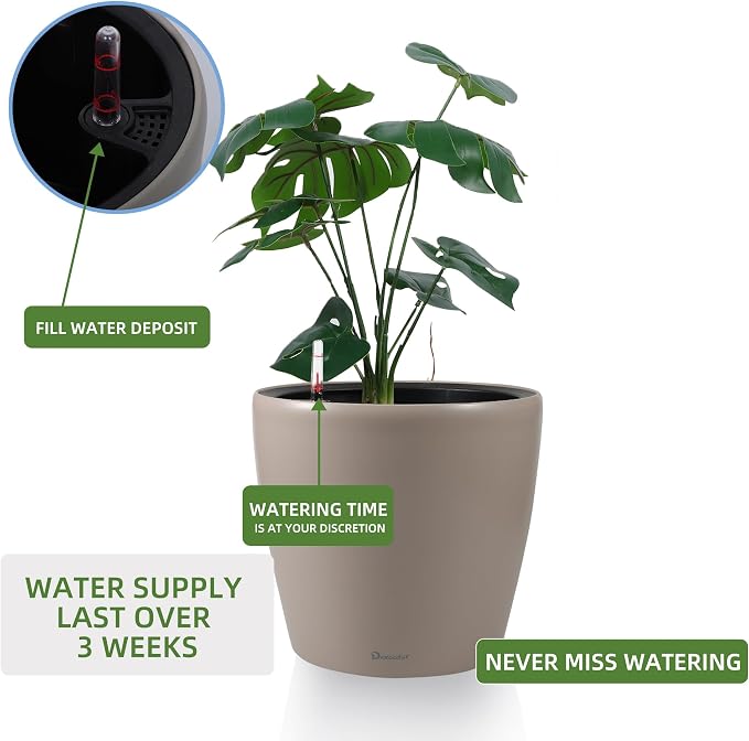 Dexceder 9x8 Self Watering Planter (Taupe Matte) | Inner Pot Design, Thickened Table Flower Plant Pot with Water Level Indicator Indoor Outdoor