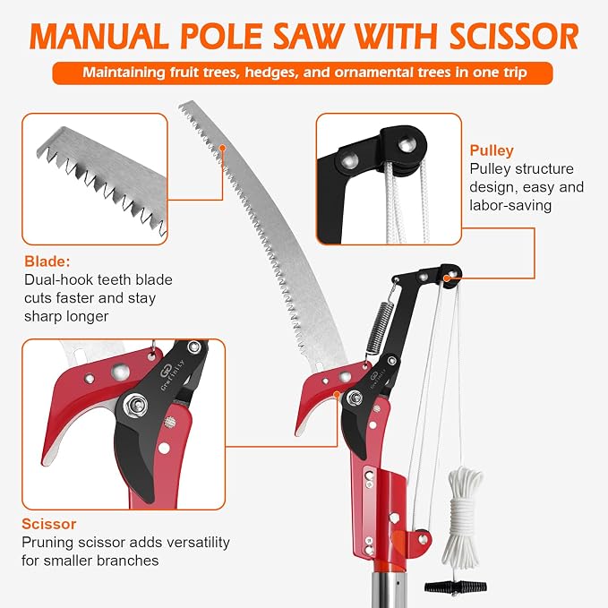 Grefinity Manual Pole Saw, 27 Ft Tree Trimmer, Extendable Pole Saws for Tree Trimming, Sharp Steel Blade and Scissors, for Backyard and Garden Pruning Palms & Shrubs, Orange