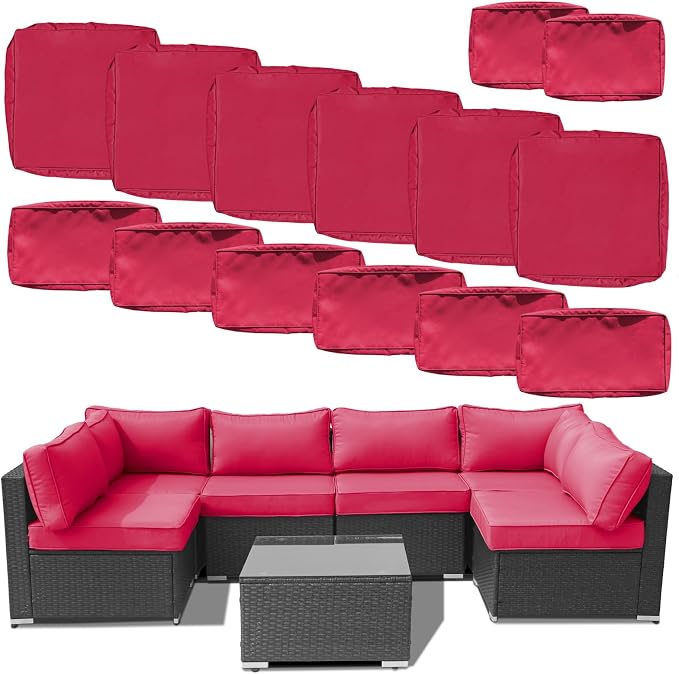 14 Piece Outdoor Patio Cushion Covers Replacement Waterproof with Zipper for 6-Seater Sectional Couch Chair Sofa Seat Cushions Slipcovers Set, Only Cover