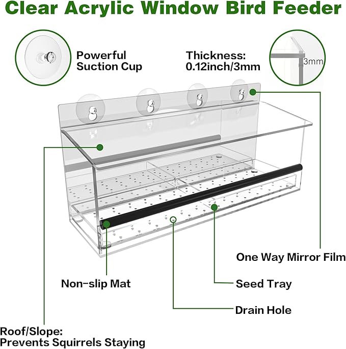 One Way Window Bird Feeder for Outside with 4 Strong Suction Cups, Clear Acrylic Wild Bird House for Cats Viewing, Large Transparent Window Mount Birdfeeder for Bird Lovers Gift
