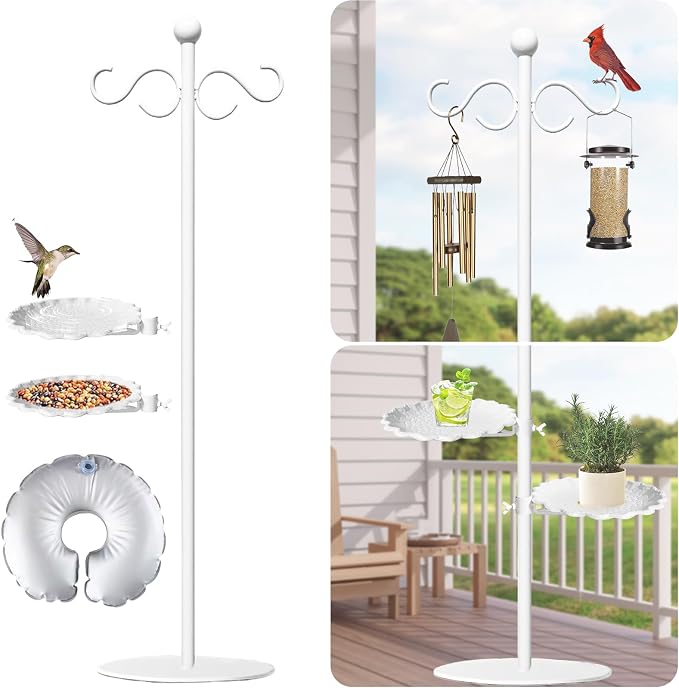 Upgraded 74" Shepherd's Hook for Bird Feeder，White Floor Hanging Plant，White Wind Chime Stand, Waterproof Metal & Adjustable-Height Standing Pole Holder for Wreath, Indoor & Outdoor（2 Placement Racks)
