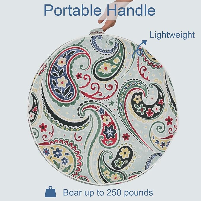 LVTXIII Indoor/Outdoor Inflatable Ottoman with Handle D21 x H9 Inch, Weather-Resistant Round Footstool Pouf for Patio Camping Living Room, Portable Footrest Extra Seating, Paisley Light Cyan