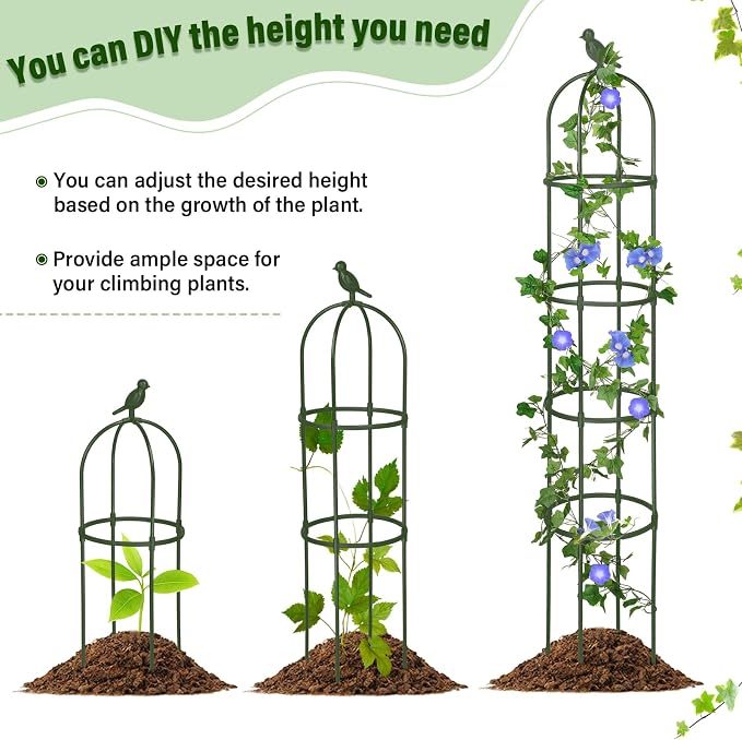 Sadnyy 4 Pack 6 ft Garden Obelisk Trellis for Climbing Plants Outdoor- Heavy Duty Rustproof Metal Pipe with Plastic Coated Plant Trellis for Clematis Grape Pea Vines Tomatoes Cucumbers Flowers(Green)