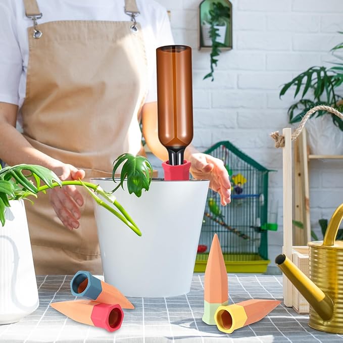 Baderke 24 Pcs 12 Set Plant Watering Devices, Terracotta Watering Spikes with 25 oz Plastic Wine Bottles, Slow Release Vacation Insert Automatic Plant Waterer Devices for Indoor Outdoor