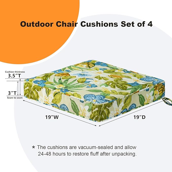 Unimatta Square Corner Seat Cushions, 19" x 19" x 3", Set of 4, Indoor Outdoor Water Repellent Universal Chair Pads with Ties for Patio Furniture, Garden Dining Chairs, Blue Flower