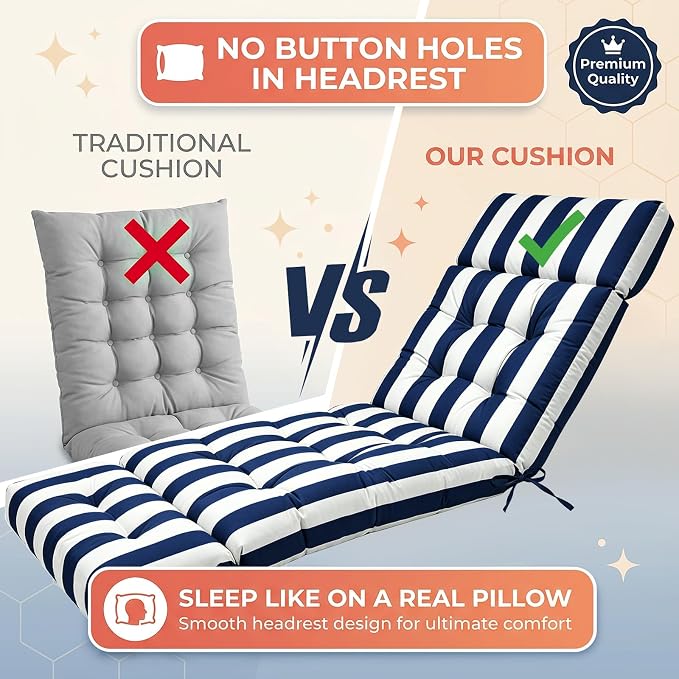 MAGIC ELEPHANT Chaise Lounge Cushion Outdoor, Memory Foam Patio Lounge Chair Cushion with Ties for Outdoor Furniture, 74 x 22 x 4 Inch (Navy Stripe)