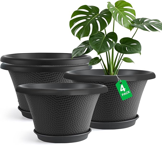 Quarut 12 Inch Pots for Plants,4 Pack Large Flower Pots with Drainage Hole & Saucer,Modern Planters for Indoor Outdoor Plants,Decorative Resin Garden Pots Black