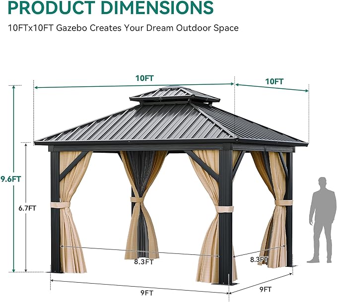 YITAHOME 10x10ft Hardtop Gazebo with Nettings and Curtains, Heavy Duty Double Roof Galvanized Steel Outdoor Combined of Horizontal Vertical Stripes Roof for Patio, Backyard, Deck, Lawn Brown