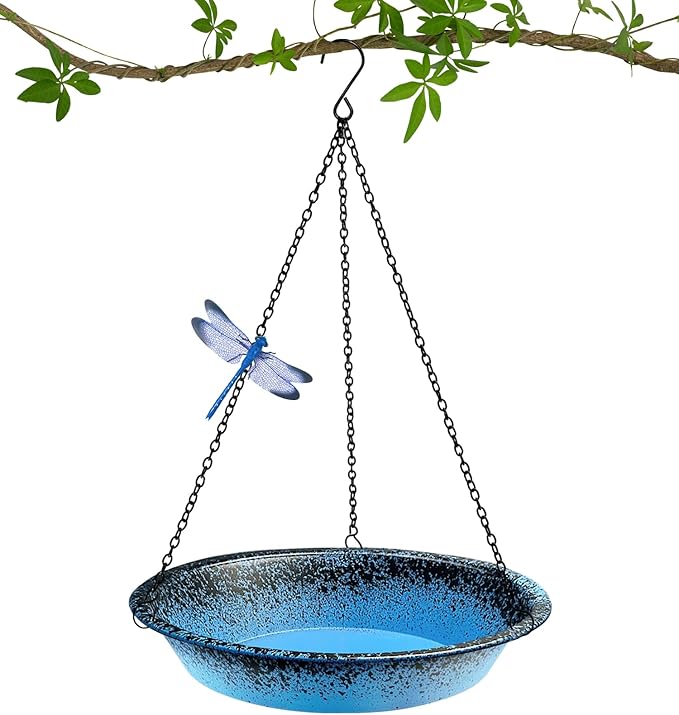 Hanging Bird Bath for Outdoors 11.4 inch Metal Birdbath Bowl with Detachable Black Chains & Hook Outdoor Hanging Bird Feeder for Tree, Window, Patio, Backyard, Gift for Bird Lovers (Blue)