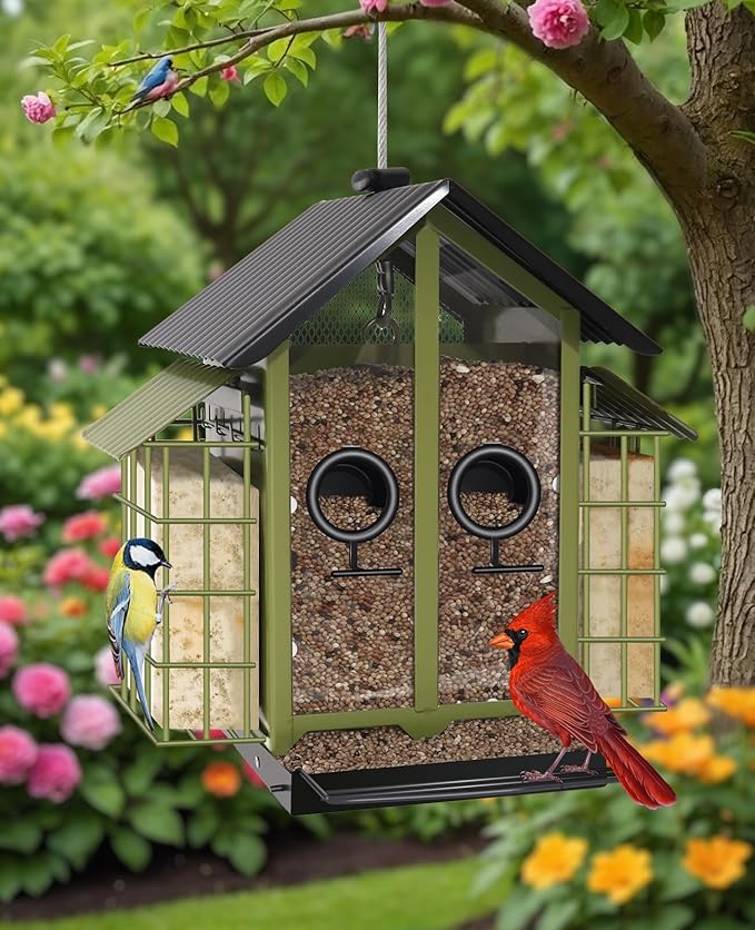 Weatherproof Bird Feeders for Outdoors - 4Lbs Large Metal Suet Feeder for Cardinal Finch, Garden Decor (Ordinary Green)