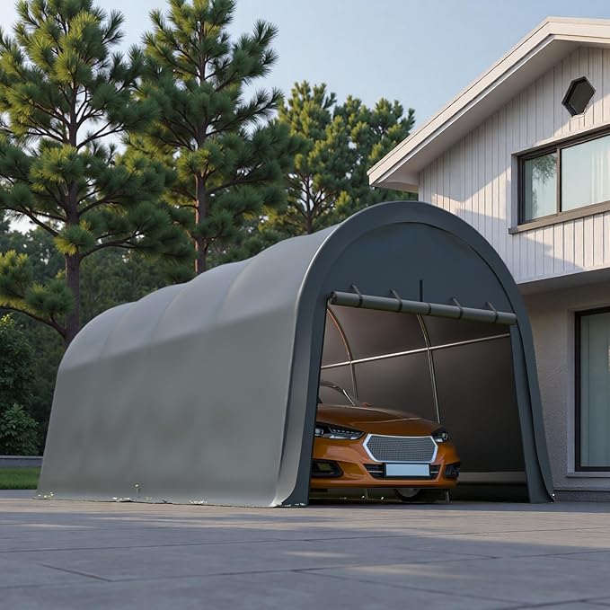 10x20 FT Anti-Snow Carport, Heavy-Duty Portable Garage with Steel Frame & Vented Roof, Removable Double-Zipper Door, Waterproof Outdoor Storage Shelter for Trucks, Boat, Easy Assembly, Grey