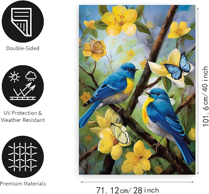 Large Spring Summer House Flags 28x40 Double Sided Bluebird Garden Flag Floral Birds Flag for Outside Porch Yard Outdoor Flower Garden Decor