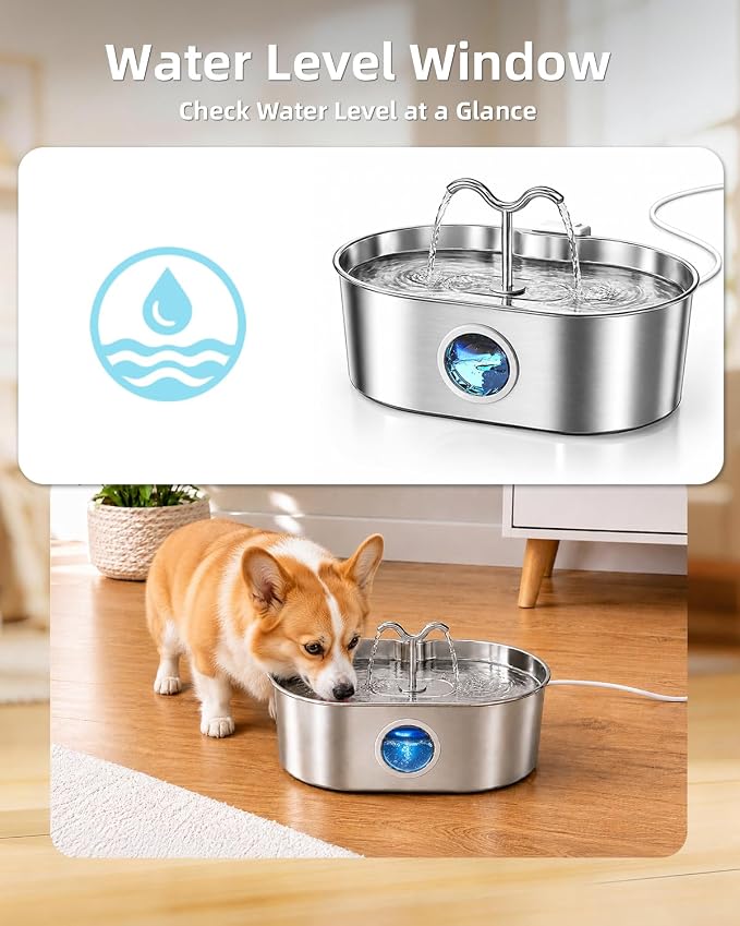 Dog Water Fountain, 270 oz / 2 Gallon / 8 L Stainless Steel Water Fountain for Indoor Multi-Pet Homes, Automatic Water Dispenser for Dogs & Cats, 6 Filters & Sponges Included