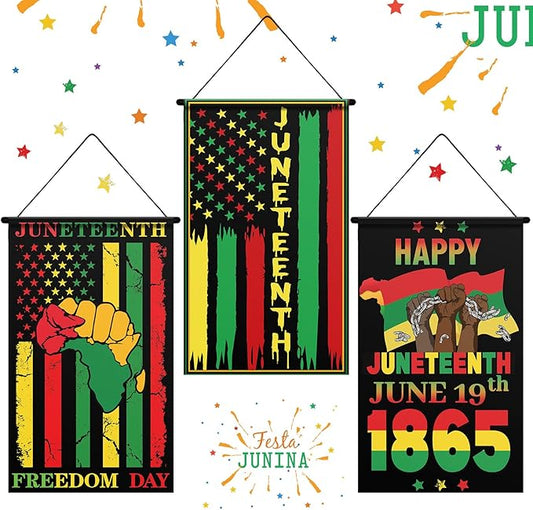 Tegeme 3 Pcs Happy Juneteenth Day Door Sign Flag African American Independence Day Door Hanging Banner Juneteenth Wall Decoration for Party Holiday Home Outdoor Indoor Decoration