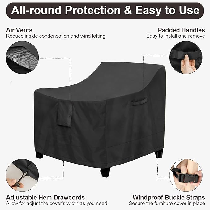 PureFit Outdoor Chair Covers Waterproof 2 Pack Patio Furniture Lawn Chair Covers for Outdoor Furniture with Air Vent and Padded Handles, Fits up to 28W x 30D x 31H Inches, Black