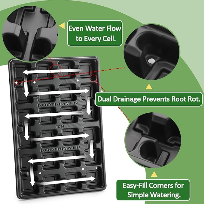 24 Cell Nursery Pots Trays 5 Pack (17"x11"x1.6"), Reusable Plant Pot Tray for Holding 2.8 inch (7CM) Square Nursery Pots, Durable Plastic Carrying Seed Starter Tray with Drain Holes (Black)