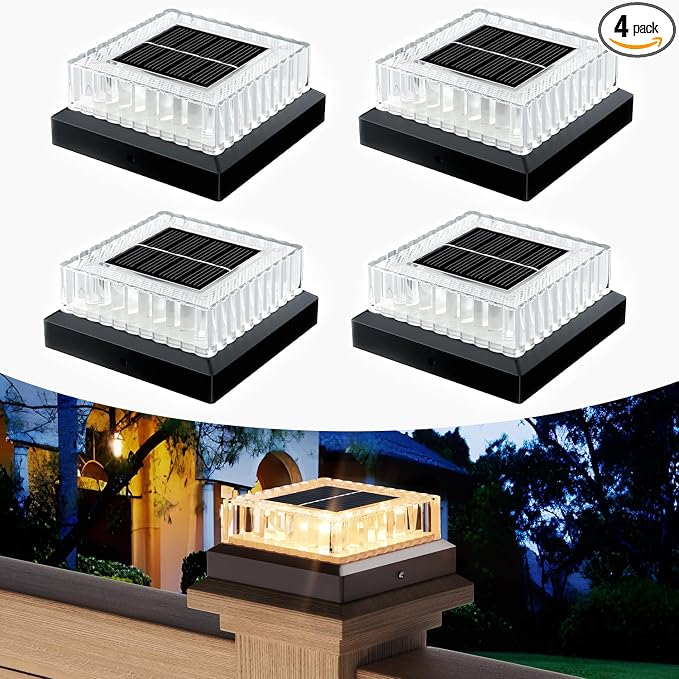 4x4 Solar Post Cap Lights, 4 Pack Fence Post Solar Lights 3000K with Clear Lampshade IP65 Waterproof - Easy Install for Fence Deck Patio Garden Decor - Black