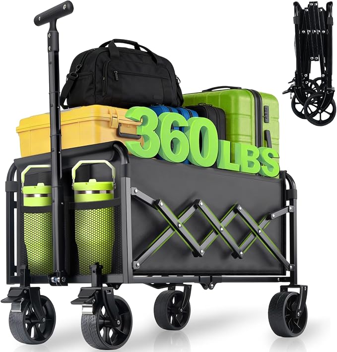 Collapsible Foldable Wagon Cart with Wheels - 360LBS Folding Utility Wagon Cart with Brakes, Lightweight Portable All-Terrain Wagons for Groceries Garden Beach Shopping Camping, 2 Cup Holders/Black