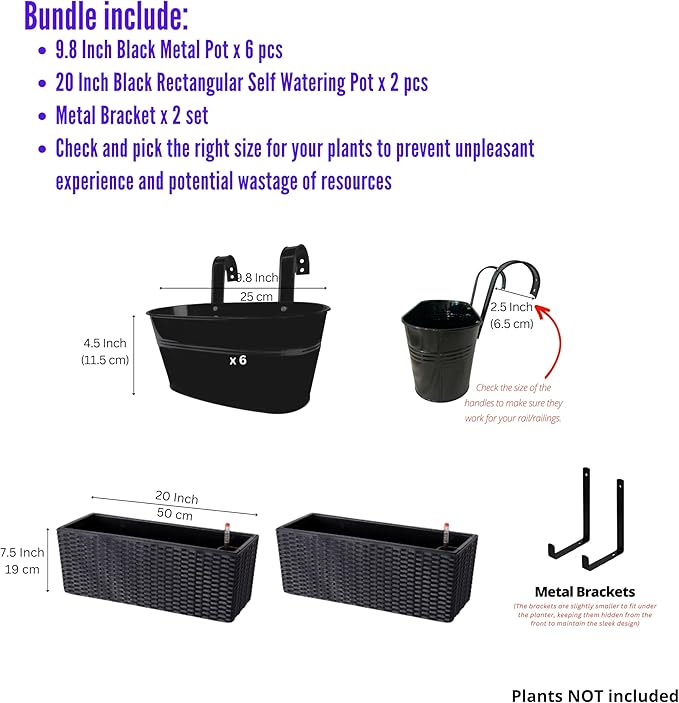 LaLaGreen Bundle- 2 Pack, 20 Inch Black Self Watering Planter + 6 Pack, 9.8 Inch Black Metal Pot Wall Mount Hanging Flower Herb Boxes Window Rail Fence Modern Balcony Countryside Style Garden Decor