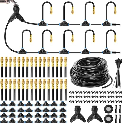 200Ft 1/4” Drip Irrigation System – Drip Irrigation Kit & Garden Watering System with 32 Pcs 360° Adjustable Copper Nozzles, Automatic Mist Spray for Raised Bed, Lawn, Garden & Potted Plants