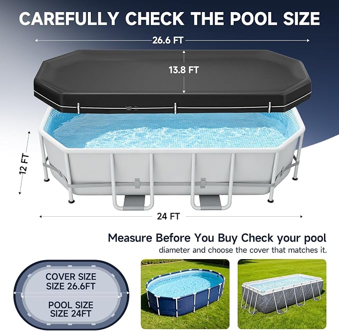 LXKCKJ 12X24 FT Pool Cover for Above Ground Pools, 420D Heavy Duty Oxford | Snug Fit for Oval /Rectangular Pool, 634N Tear-Resistant, Waterproof, Windproof, UPF50+ UV Protection, Cuts 95% Evaporatio