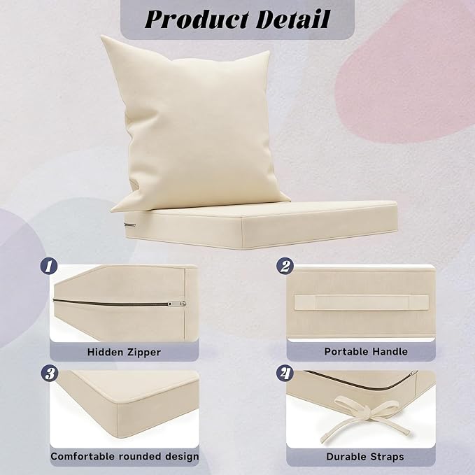 Patio Chair Cushions 24x24 Inch with Two Replaceable Cover Sets,Waterproof Fade Resistant Outdoor Cushions for Patio Furniture, Edge Binding Design with Handle, Adjustable Straps & Hidden Zipper