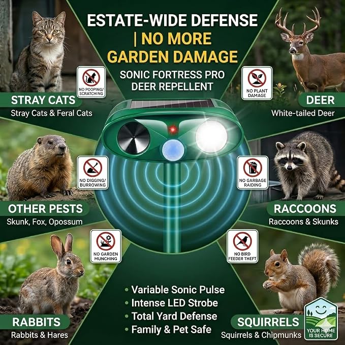 4 Pack Upgraded Sonic Fortress Pro Deer Repellent Cat Deterrent Outdoor Solar Ultrasonic Animal Repeller with Motion Sensor Strobe Light for Skunk Rabbit Raccoon Squirrel Fortress Pro for Yard Garden