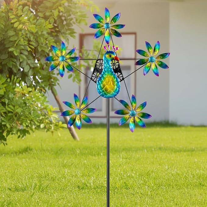 Peacock Wind Spinner with Colorful Flowers, 24.4" D*74" H Large Garden Wind Sculpture, Metal Peacock Decor Kinetic Sculpture for Garden Yard Patio