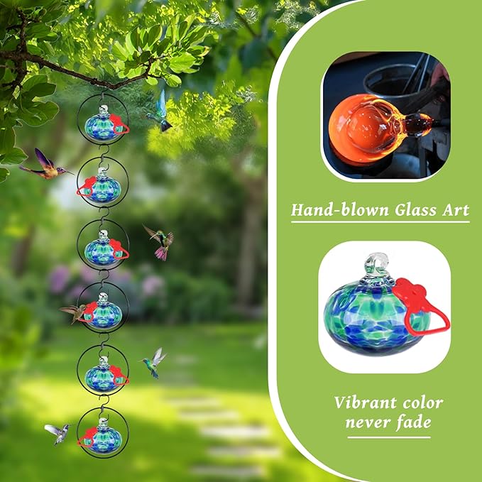 Headak Life 6 Pack Circular Hummingbird feeders for Outdoors Hanging,Hand Blown Glass Hummingbird Feeder with 6 Adjustable Silicone Perch,Never Leak,Gardening Gifts for Woman Man(Blue)