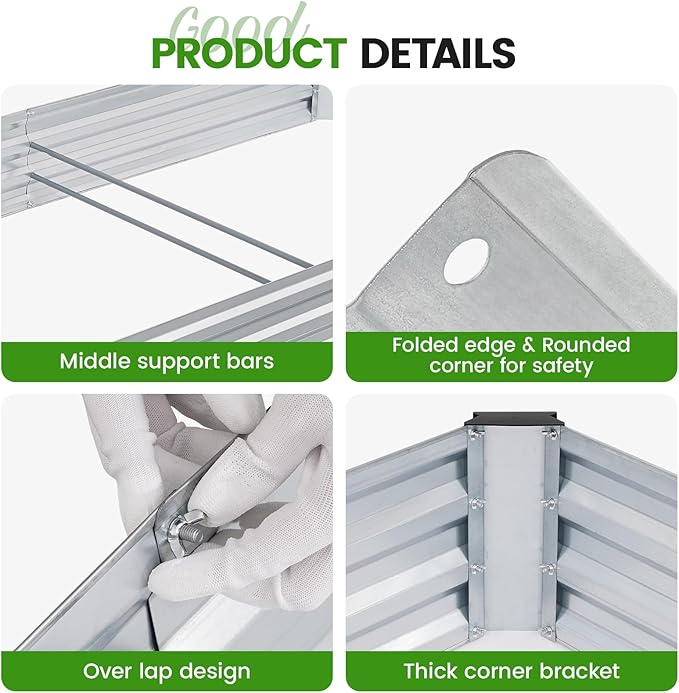 G GOOD GAIN 12x4x1ft Galvanized Raised Garden Bed, Heavy-Duty Metal Planter Boxes Outdoor for Vegetables Flowers Herbs, Silver(1 Pack)