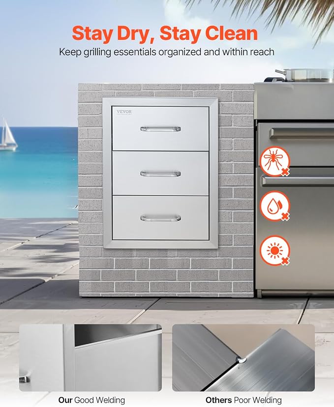 VEVOR Outdoor Kitchen Drawer 16" W x 21.5" H x 18" D, Outdoor Kitchen Cabinets, BBQ Drawer Stainless Steel, Flush Mount Triple Access, with Handle, BBQ Island, Outdoor Grill Patio Grill Station