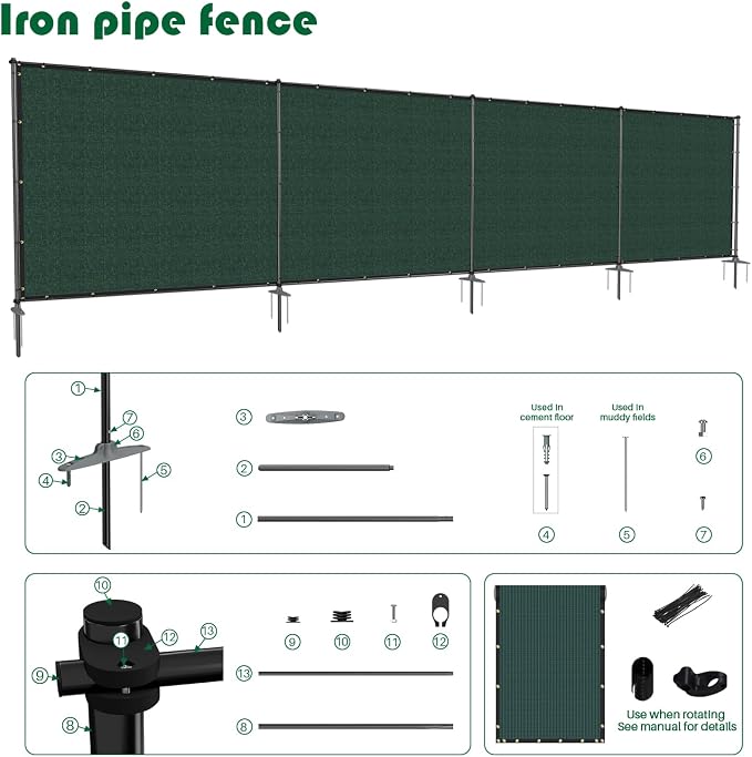 6'Hx4'W Outdoor Freestanding Privacy Screen Fence Panels with Iron Poles, Mesh Shade Net Cover Temporary Fencing for Patio Backyard Garden Deck, Green