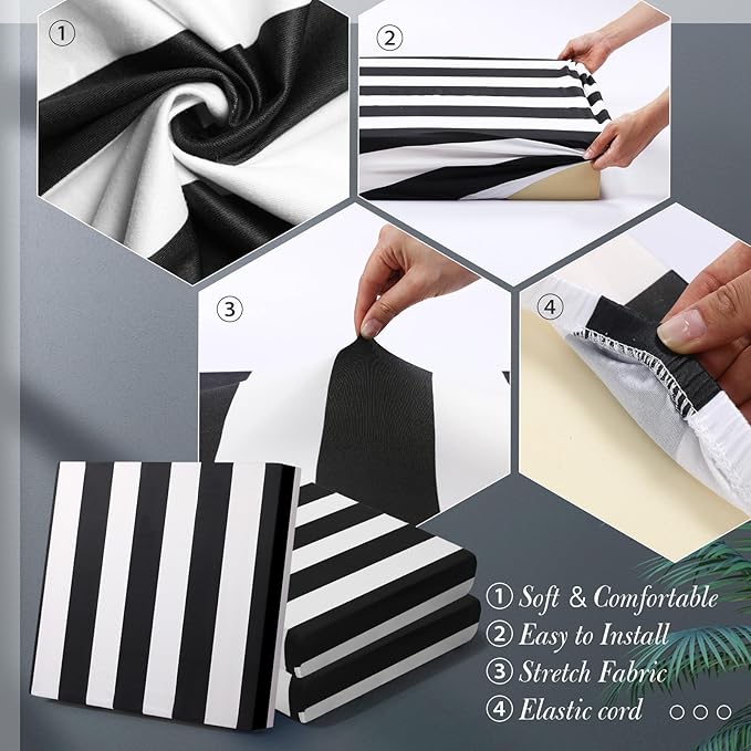 Newwiee 8pcs Patio Stretch Cushion Covers Stripe Outdoor Cushion Covers Replacement Patio Furniture Couch Slipcover Sofa Chair Seat, Thin Fabric Breathable Soft Flexibility Protector(Black White)