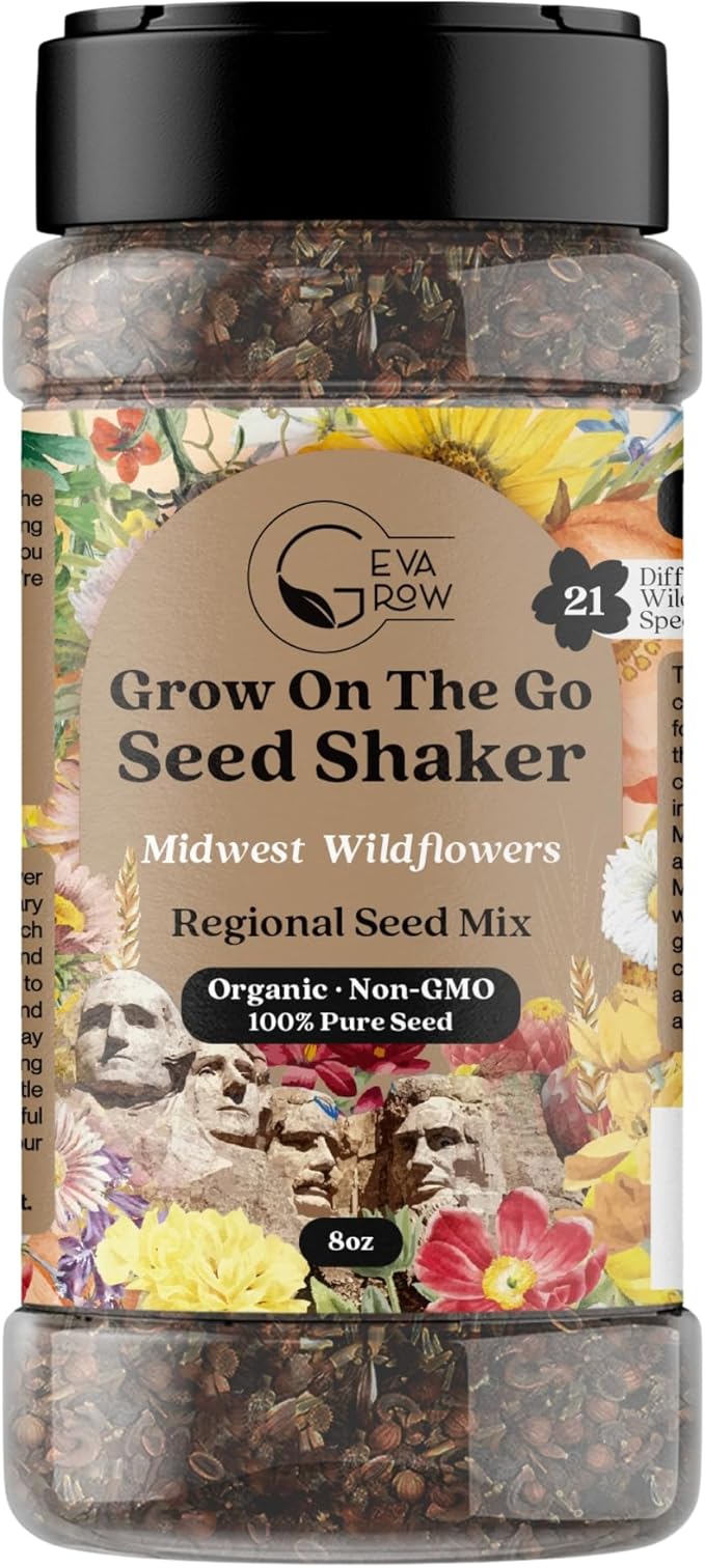 on the Go Seed Shaker - Midwest Wildflower Seeds Regional Mix - Organic, Non-GMO - 100% Pure Seed - 21 Different Wildflowers Seeds of Annual and Perennial, 8oz