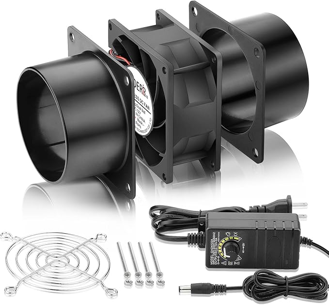80mm x 38mm 3 Inch Air Vent Duct Booster Adjustable Speed Fan with 2 Duct Adapters for DIY Grow Tent Attic Hydroponics Ventilation Soldering Fume Extractor-D8038