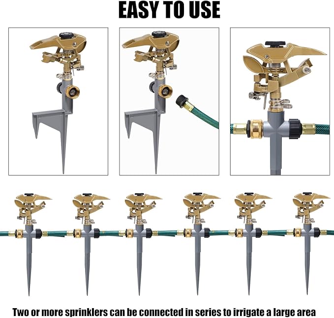 Biswing 2 Pack Impact Sprinklers on Metal Step Spike, Heavy Duty Zinc Alloy Lawn Sprinkler Head on Spike Base, Adjustable 360 Degree Watering Sprinkler for Large Area Grass Garden Irrigation