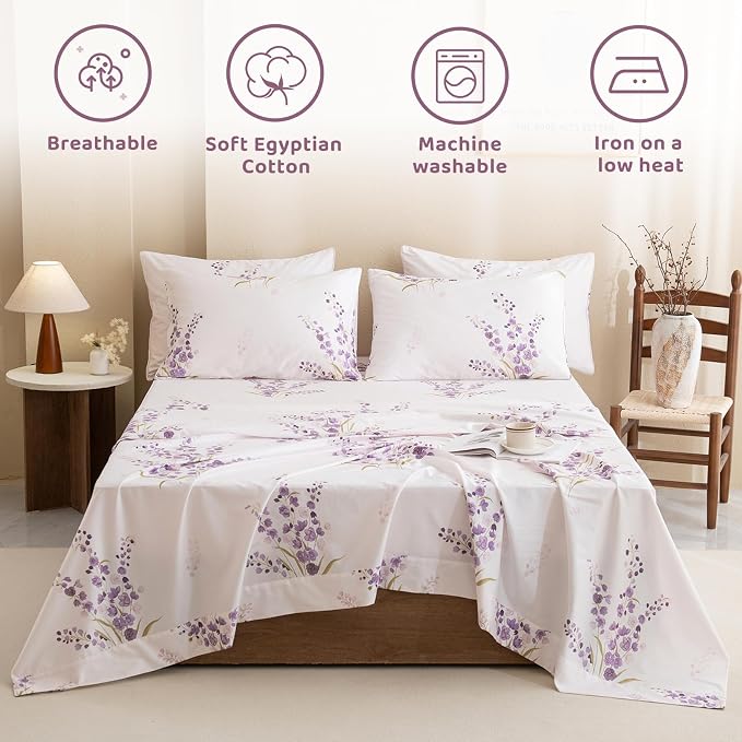 QSH Lavender Floral Bed Sheets Queen Size - 100% Egyptian Cotton Sheets Purple Flower Printed Bedding Sheets Queen Size Bed 4pcs Deep Pockets Bed Sheets