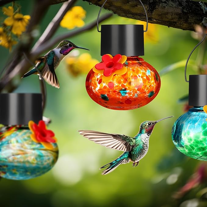 Nuogo 3 Pcs 3.54 Inch Blown Glass Hummingbird Feeders Solar Powered Hummingbird Feeder with LED Light for Garden Outdoors Window Decor Valentine Hanging Gifts Ant and Bee Resistant(Classic Colors)