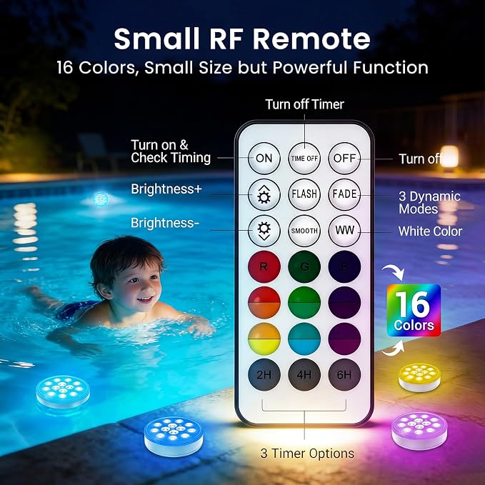 LOFTEK Pool Lights, Rechargeable Submersible LED Lights with Remote, IP68 Waterproof, 16 Colors Underwater Pool Light for Above Ground Inground Pool, Hot Tub, Shower, Bathub, Party, Vase, 1 Pack